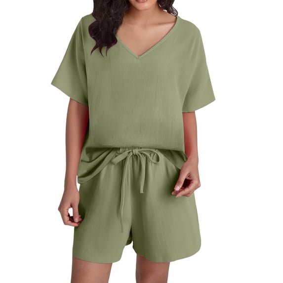 MuXiKeJi Clothes Womens 2 Piece Linen Sets Summer Vacation Outfits V Neck Puff Sleeve Tops Wide Leg Pants Matching Sets