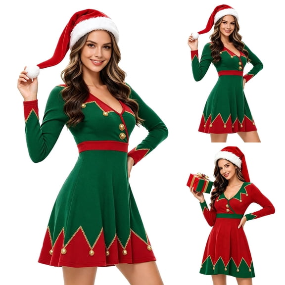 MuXiKeJi Clothes Womens Christmas Elf V-Neck Xmas Party Dres Flared Mini Dress Long Sleeve ,Cosplay Outfit,Christmas Elf , Long Santa Hat , Xmas Party Bar Club