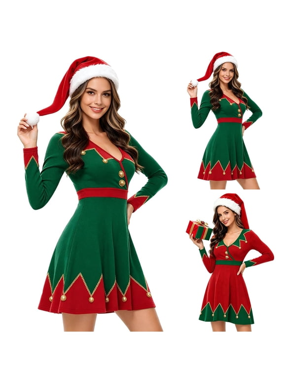 Womens Christmas Elf V-Neck Xmas Party Dres Flared Mini Dress Long Sleeve ,Cosplay Outfit,Christmas Elf , Long Santa Hat , Xmas Party Bar Club