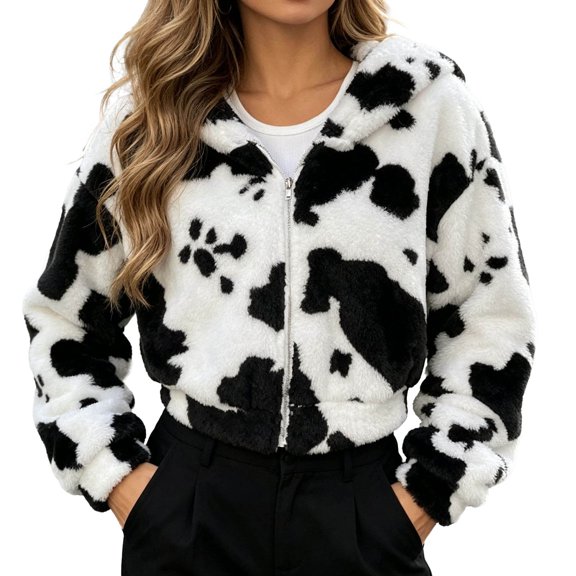 MuXiKeJi Clothes Womens Cow Print Coat Sherpar Fall Winter Jacket Full Zip Up Long Sleeve Oversized Outerwear with Pockets Fuzzy Warm Vacation Outfits