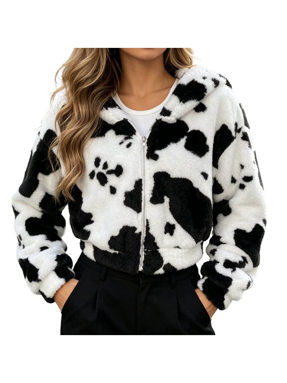 Womens Cow Print Coat Sherpar Fall Winter Jacket Full Zip Up Long Sleeve Oversized Outerwear with Pockets Fuzzy Warm Vacation Outfits