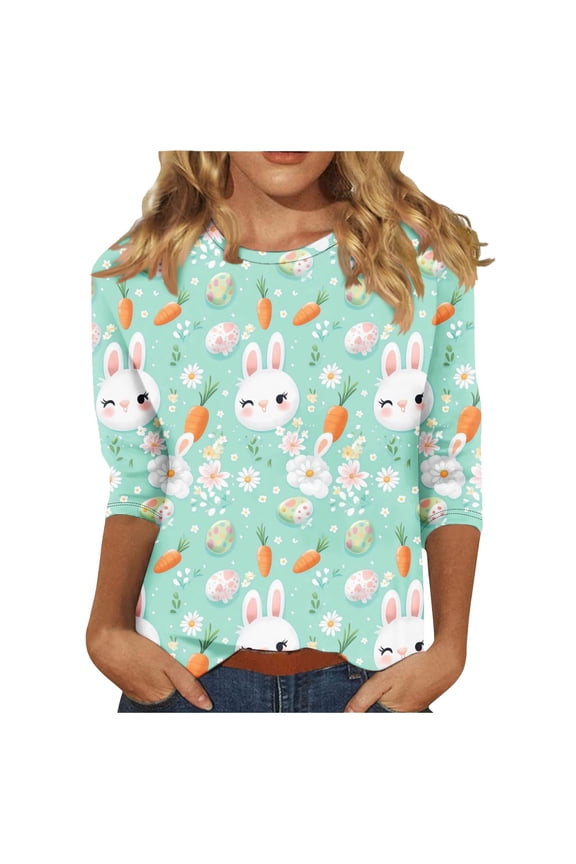 Womens Easter Shirt Easter's Day Bunny Eggs Hunts 3/4 Sleeve T-Shirt Tops Round Neck Blouse Tops Festival Holiday Tee Tops