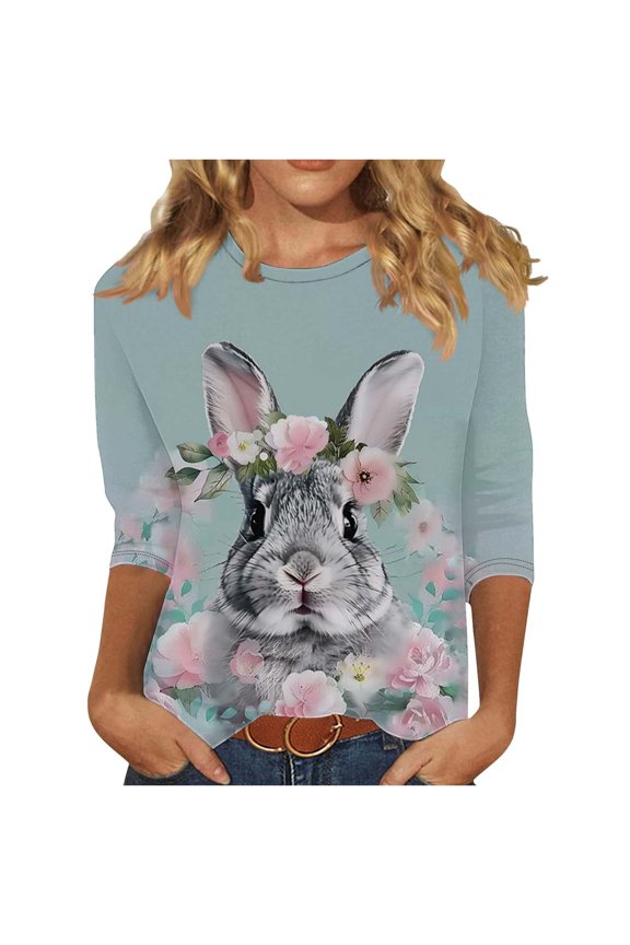 Womens Easter Shirts Easter's Day Rabbit Print 3/4 Sleeve T-Shirt Tops Round Neck Loose Blouse Going Out Tops