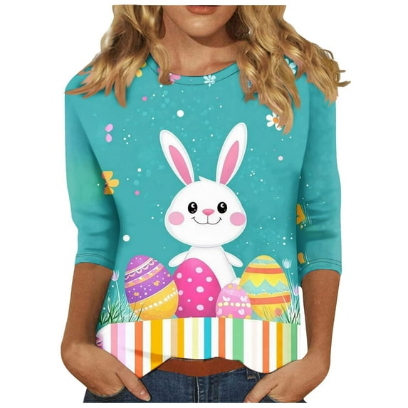MuXiKeJi Clothes Womens Easter Shirts Happy Easter Bunny 3/4 Sleeve T Shirts Crew Neck Fashion Blouse Vacation Outfits