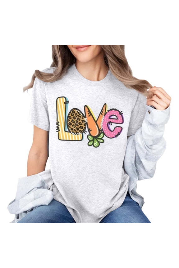 Womens Easter T Shirts Easter Day Cartoon Bunny Short-Sleeve T-Shirt Tops Round Neck Sports T-Shirt Workout Tops