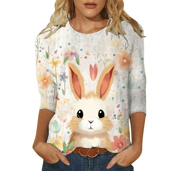 MuXiKeJi Clothes Womens Easter T Shirts Easter's Day Rabbit Print 3/4 Sleeve T-Shirt Tops Round Neck Blouse Tops Womens Summer Tops T-Shirts