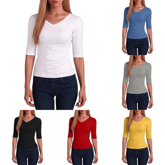 MuXiKeJi Clothes Womens Half Sleeve Tops V Neck Ribbed Knit Slim Fit Basic T Shirts 2026 Summer Casual Tees Spring Fashion Clothes