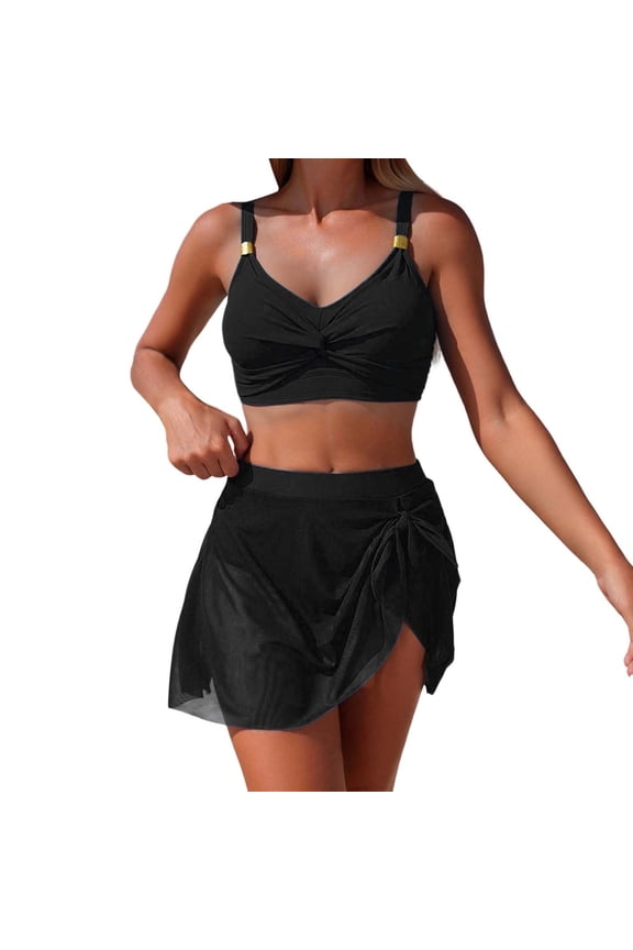 Womens High Waisted Bikini Sets, Modest Tummy Control Swimsuits, 2 Piece Bathing Suits Mesh Swim Skirt