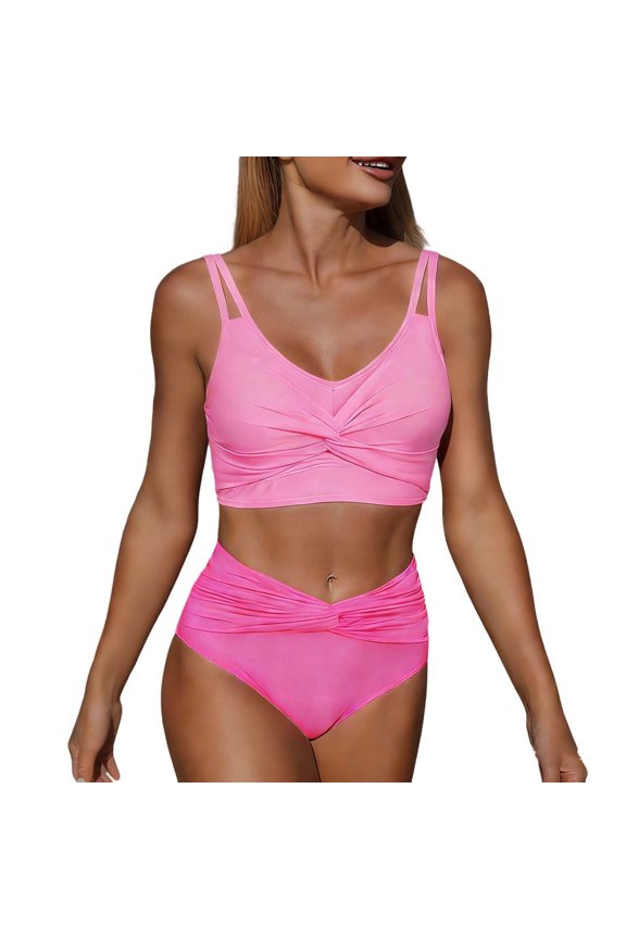 Womens High Waisted Bikini Sets, Textured Tummy Control Swimsuit, 2 Piece Twist Color Block Bathing Suits