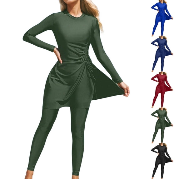 MuXiKeJi Clothes Womens Modest Two-Piece Swimsuit with Long Sleeve Side Split Crew Neck Swim Top and Leggings Swimsuits