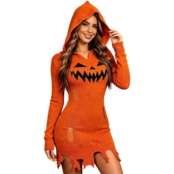 MuXiKeJi Clothes Womens Pumpkin Hooded Sweater Dress Orange Knit Halloween Jacquard Bodycon Midi | Cozy Witchy Fall Dress for Party Casual Cosplay S-L