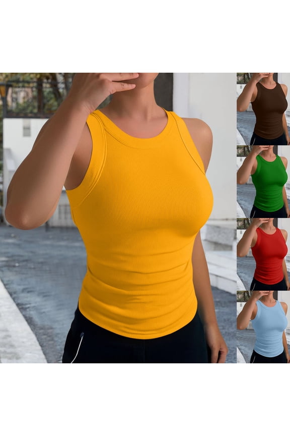 Womens Ribbed Knit Sleeveless Racerback Tank Tops High Neck Trendy Casual Fitted Basic Cotton Summer Workout Tank Tops Shirts