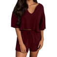 thumbnail image 1 of MuXiKeJi Clothes Womens Sweater Sets 2 Piece Outfits Short Sleeve Polo V Neck Knit Tops Waves Shorts Matching Lounge Set, 1 of 8