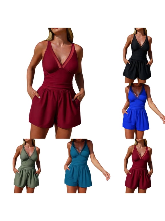 Womens Swim Rompers with Built in Bra 1 Piece V Neck Tummy Control Bathing Suit Modest Full Coverage Swimsuits