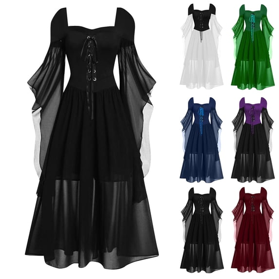 MuXiKeJi Clothes Womens Witch Dress Halloween Mesh Lace High Low Gown Lace Up Big Swing Maxi | Gothic Vampire for Party Stage Cosplay Evening 6 Colors S-XXL