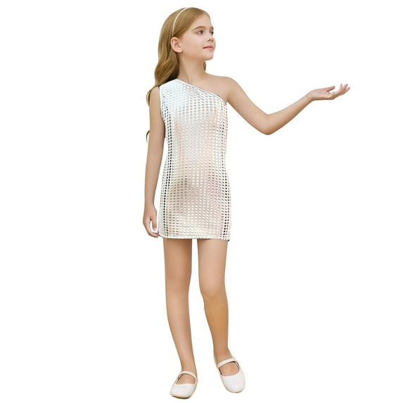 MuXiKeJi Clothes and Shine Girls Sequin Round Print Sleeveless Dress with Asymmetric Hem Design