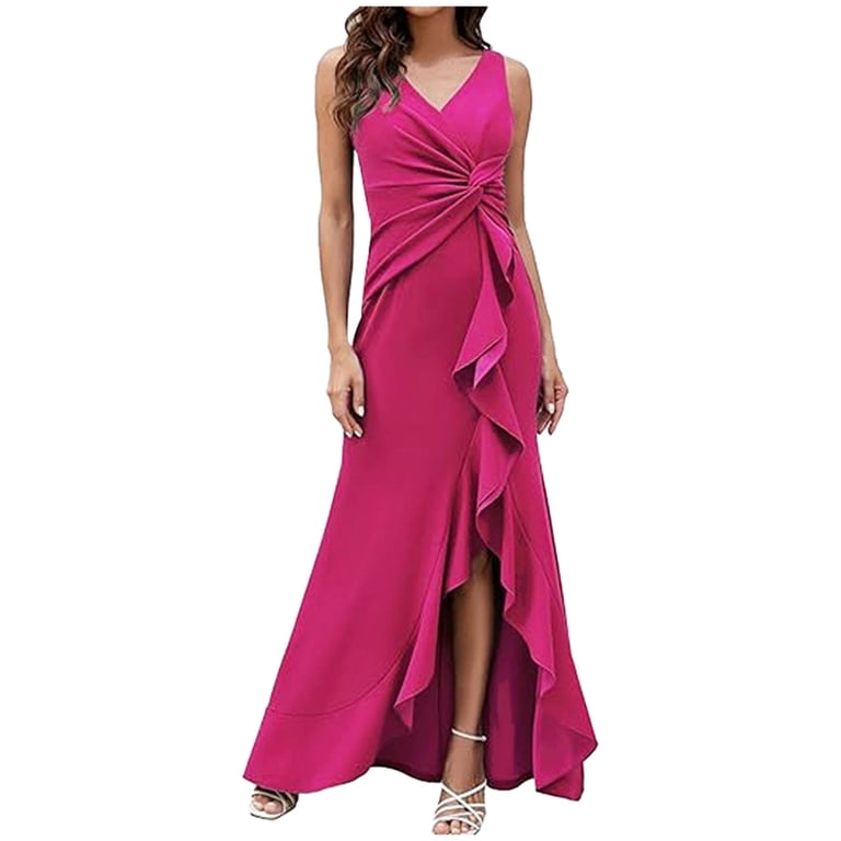 MuXiKeJi Formal Evening Maxi Dresses for Women Elegant Evening Party Prom  Dress Long Sexy V Neck Sleeveless Split Wrap Graduation Dress Hot Pink,S -  Walmart.com