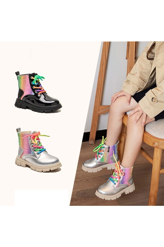 MuXiKeJi Girls Rainbow colors Ankle Boots Side Zip Comfort Non- Boot Lace Up Outdoor Combat Boot(Toddler/Little Kid/Big Kid)