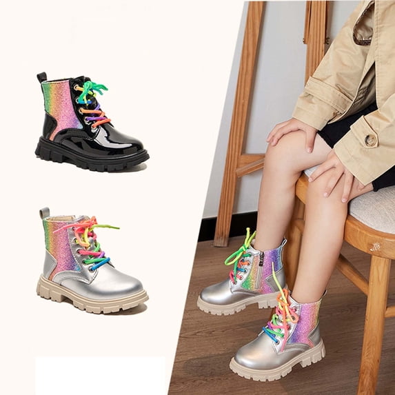 MuXiKeJi Girls Rainbow colors Ankle Boots Side Zip Comfort Non- Boot Lace Up Outdoor Combat Boot(Toddler/Little Kid/Big Kid)