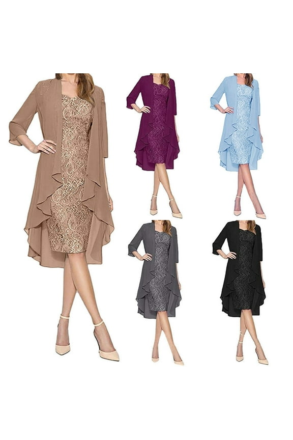 Women 2 Pieces Chiffon Mother of The Bride Dress Suits Elegant Wedding Guest Formal Lace Dresses with Cardigan Jacket Outfit Sets