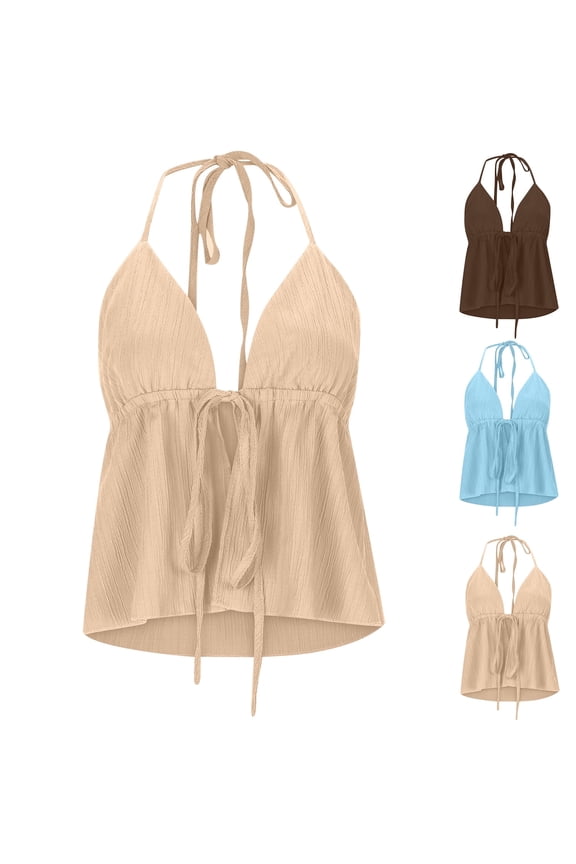 Women Halterneck Y2k Tops Slit Front Tie Crop Tops Sleeveless Spaghetti Strap Vests Slim Fit Strappy TankTops Backless Crop Top