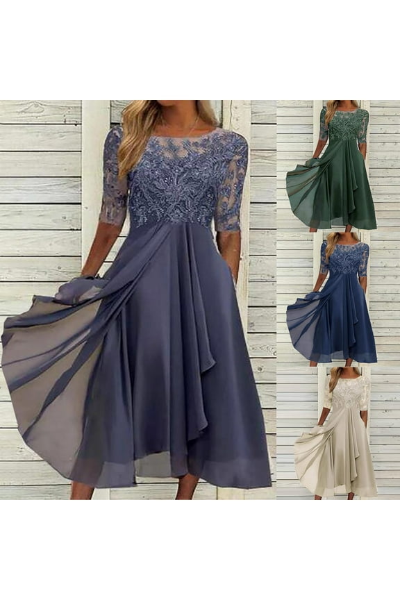 Women's Boat Neck Lace Mother of The Bride Dress with 3/4 Sleeves Chiffon Evening Dress Embroidery Lace Chiffon Dress Tea Length Dress