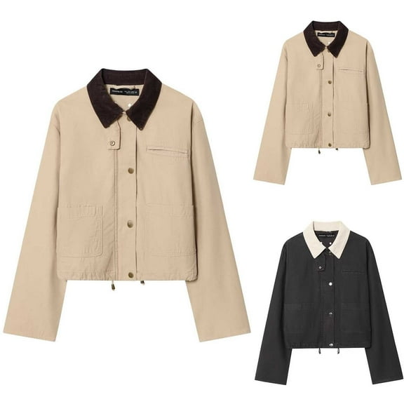 MuXiKeJi Womens Cropped Bomber Jacket Corduroy Collar Barn Coat Lightweight Utility Zip Up Cotton Canvas Workwear