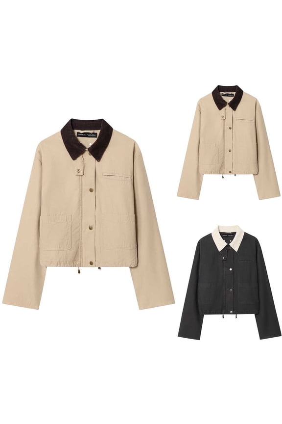 MuXiKeJi Womens Cropped Bomber Jacket Corduroy Collar Barn Coat Lightweight Utility Zip Up Cotton Canvas Workwear