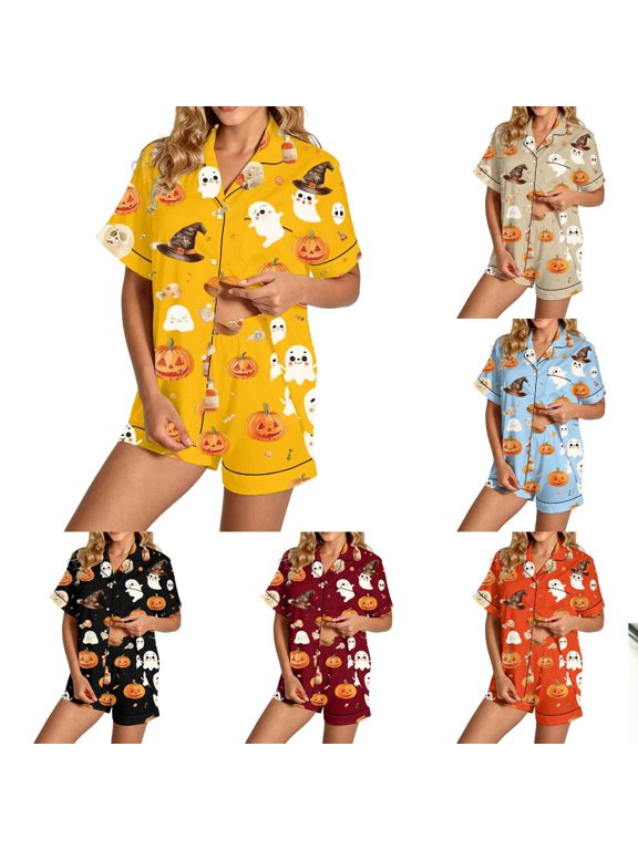 MuXiKeJi Womens Halloween Ice Slik Pajamas Soft Knit Two Piece Pajama Sleepwear Ensemble, Loose Relax Comfort Fit Nighttime Rest Wear Indoor Home Loungewear Women Basic Pajama Set