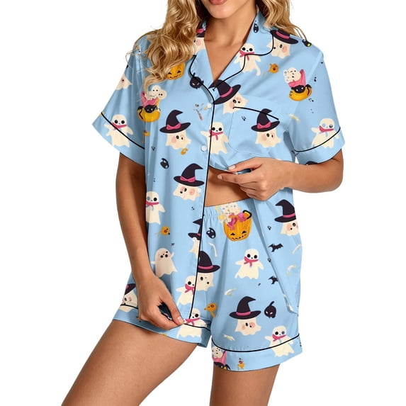 MuXiKeJi Womens Halloween Slik Pajamas Front Button Short Sleeve Halloween Printed Pajama Shorts Set With Pocket, Skin Friendly Nightwear Casual Home Loungewear Women Matching Sleep Set