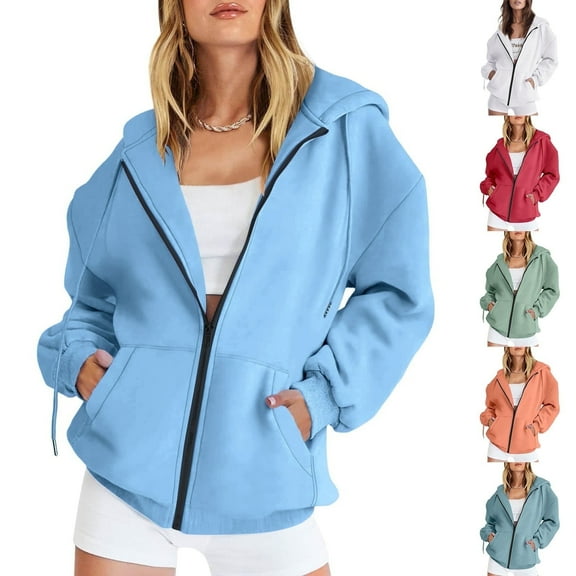 MuXiKeJi Womens Zip Up Hoodies Oversized Sweatshirts Solid Color 2025 Fall Winter Fashion Long Sleeve Casual Lightweight Y2K Hooded Jacket Grey