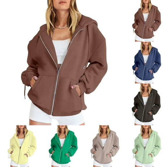 MuXiKeJi Womens Zip Up Hoodies Oversized Sweatshirts Solid Color 2025 Fall Winter Fashion Long Sleeve Casual Lightweight Y2K Hooded Jacket Grey
