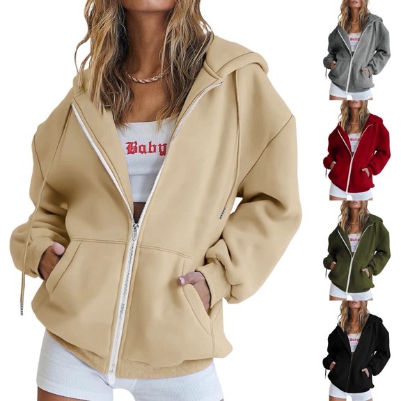 MuXiKeJi Womens Zip Up Hoodies Oversized Sweatshirts Solid Color 2025 Fall Winter Fashion Long Sleeve Casual Lightweight Y2K Hooded Jacket Khaki,M
