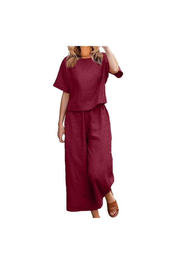 2 Piece Sets for Women Going Out Pants 2 Piece Sets for Women Two Piece Sets for Women Tops Sale Womens Clothes Fashion Women Summer Solid Round-Neck Casual Short SLeeve Top Pant Set