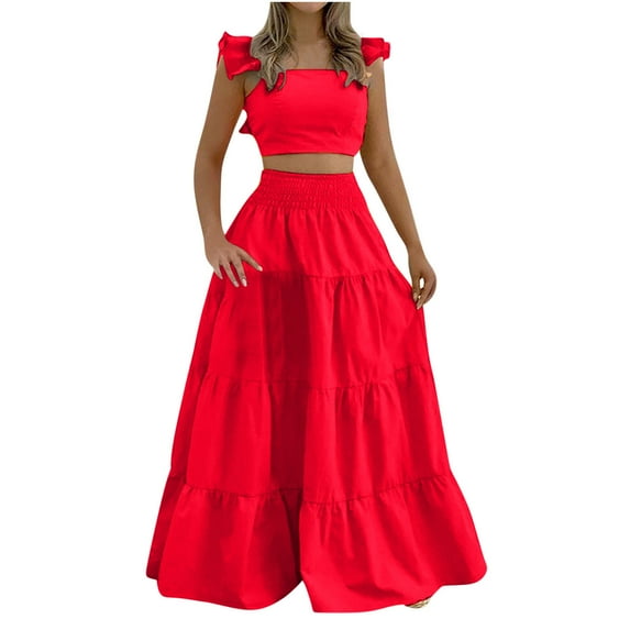 MuZeFu 2 Piece Sets for Women Summer Two Piece Sets for Women Womens Dresses for Women Fashion Women Summer Solid Casual SLeeveless Short Top and Skirt Set