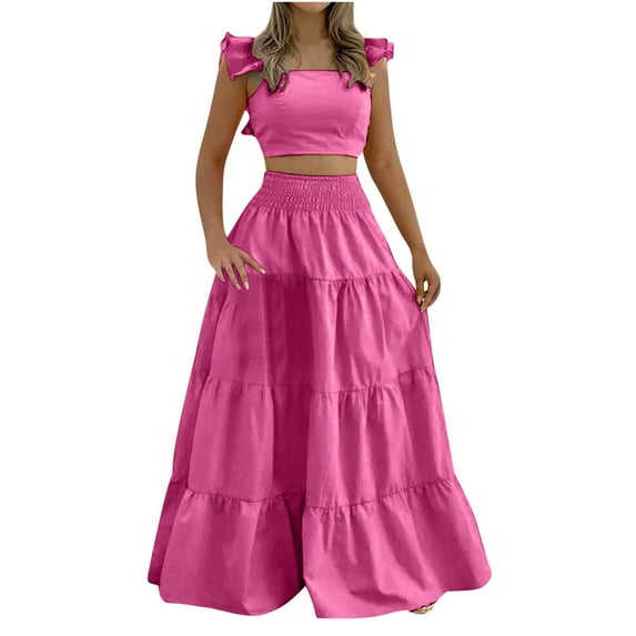 MuZeFu 2 Piece Sets for Women Summer Two Piece Sets for Women Womens Dresses Dresses for Women Fashion Women Summer Solid Casual SLeeveless Short Top+ Skirt Set