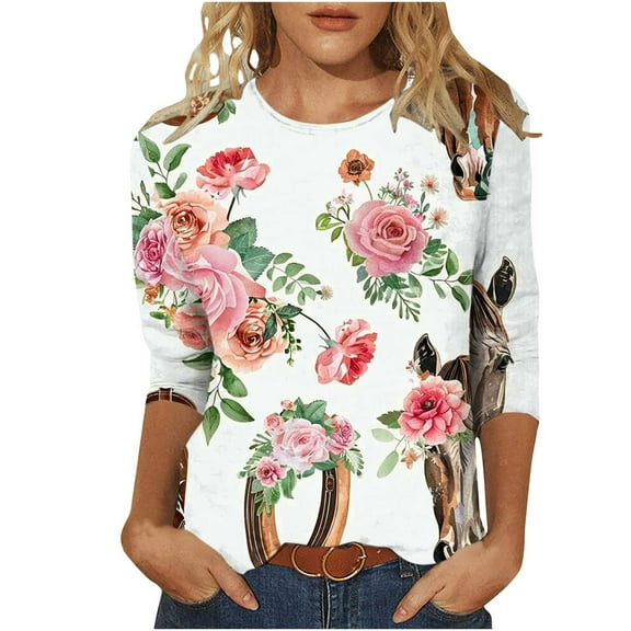 MuZeFu 3/4 Length Sleeve Womens Tops Women's Fashion Printed Cowboy Boots Round Neck 3/4 Sleeve Graphic T-shirt Top