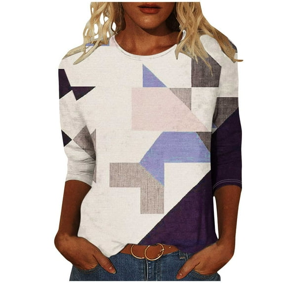 MuZeFu 3/4 Length Sleeve Womens Tops Women's Fashion Printed T-shirt 3/4 Sleeves Blouse Round Neck Casual Tops