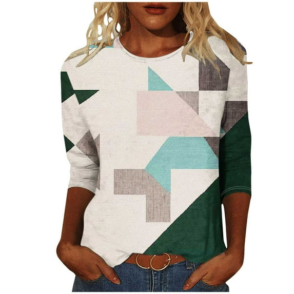 MuZeFu 3/4 Length Sleeve Womens Tops Women's Fashion Printed T-shirt 3/4 Sleeves Blouse Round Neck Casual Tops