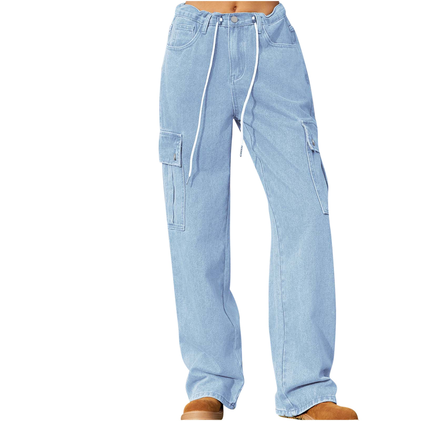 Women Tan Box Pockets Straight Cargo Pants