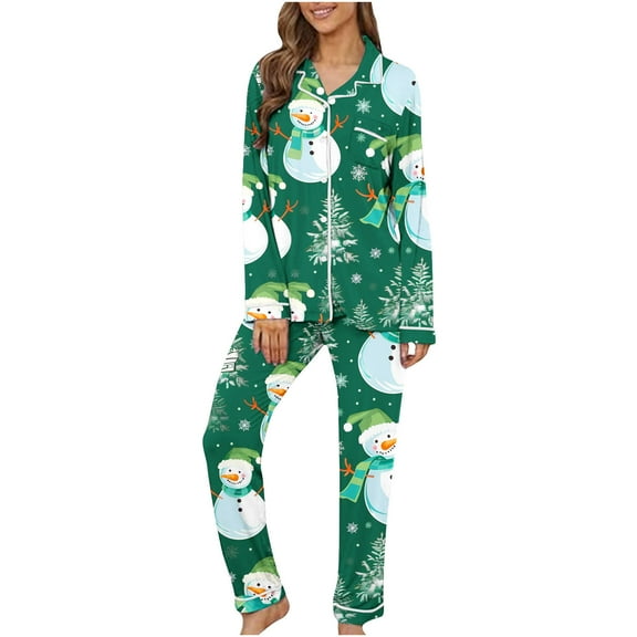 MuZeFu Christmas Pajamas for Women Plus Size Ladies' Christmas Printed Top Pants Pajama Set Long Sleeved Lapel Set