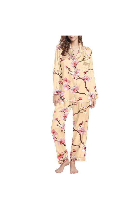 Pajamas Womens under $15.00 Pajamas for Women Set Women Casual Fashion Printed Long Sleeve Casual Tops Pants Pajamas Suit Beige XL