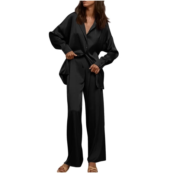 MuZeFu Fall Tops for Women 2024 Sweatsuits Women 2 Piece Outfit Women's Fall And Winter Robe Loose Comfortable Pants Simulation Silk Leisure Home Wear French Suit Long-sleeved Lapel Suit