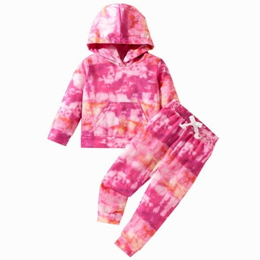 MuZeFu Girls Clothes Outfits for Winter Tie Printed Hooded Sweatshirt And Pants Set Long Sleeved And Long Pants Two-piece Set Boys And Girls Sets