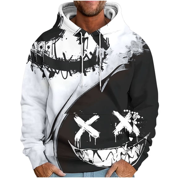 MuZeFu Graphic Hoodies for Men Y2K Men's Hooded Down Shoulder Sleeve Face Print Loose Hoodie Printed Long Sleeve Top Hoodie