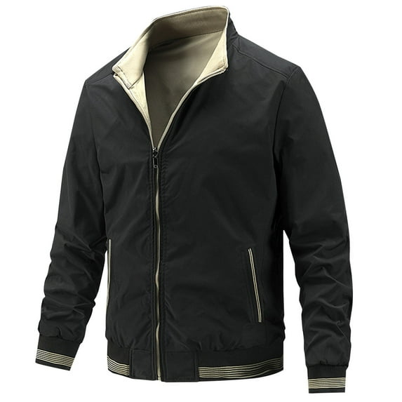 MuZeFu Jackets for Men Black Casual Men's Fashion Casual Solid Color Pockets Zipper Long Sleeve Outwear Coat