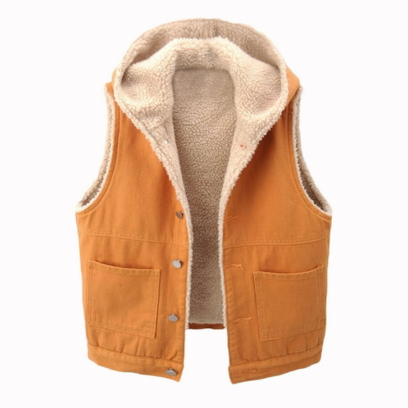 MuZeFu Jean Jacket Women Trendy 2024 Women With Pockets Lamb Hair Plush And Thick Patch Denim Cotton Sleeveless Top Hooded