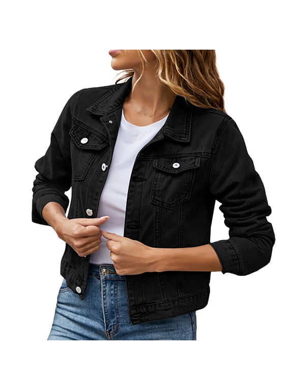 Jean Jacket for Women Black Women Denim Jacket Long Sleeve Cardigan Pocket Coat Tops