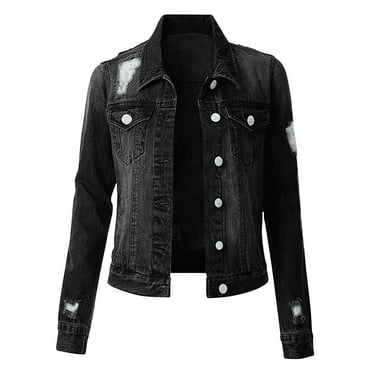 MuZeFu Jean Jacket for Women Black Women With Pockets Denim Hole And Slimming Top Jacket Cardigan