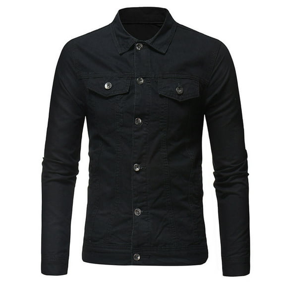 MuZeFu Jean Jackets for Men Black Men's Lapel Slimfit Solid Color Pocket Button Long Sleeve Jacket